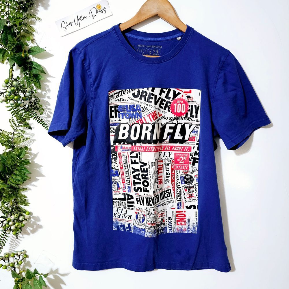 Born Fly Graphic T-Shirt Blue Newspaper Print Short Sleeve Streetwear Tee Medium